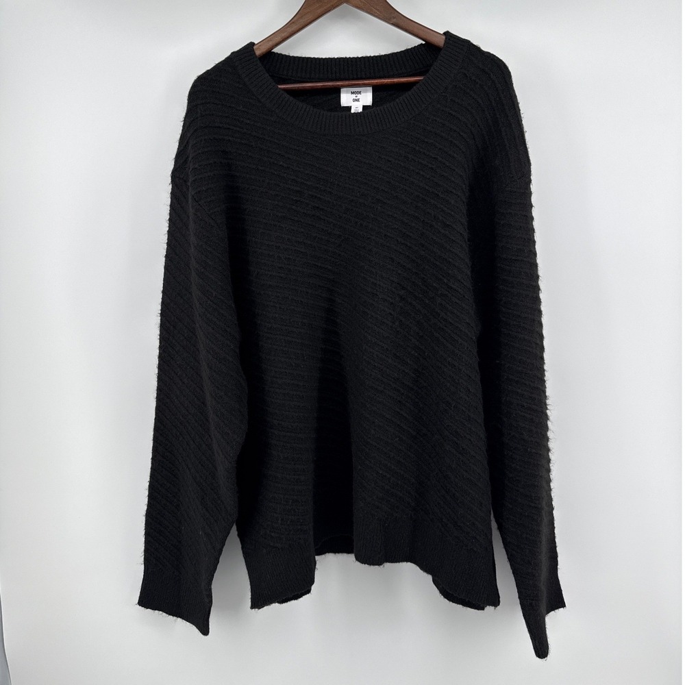 Mode of One Mens XL Black Diagonal Ribbed Knit Crew Neck Wool Blend Sweater NEW